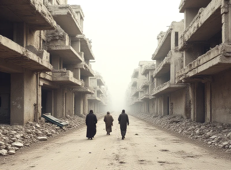 A desolate street scene in Damascus, Syria, with crumbling buildings and few people visible.