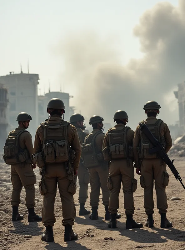 A group of Syrian soldiers standing guard in a war-torn city, with smoke rising in the background.