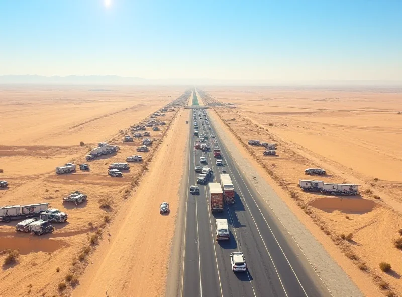 Aerial view of the Jaber-Nasib border crossing between Jordan and Syria, showing trucks and vehicles waiting to cross.