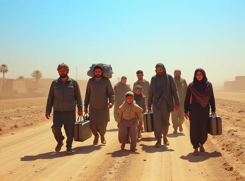 A group of Syrian refugees walking towards a border crossing, carrying bags and personal belongings.