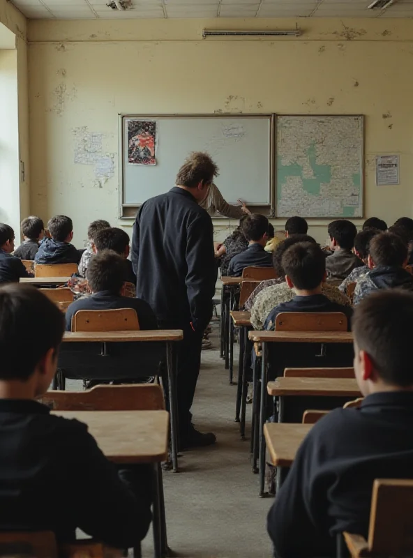 A classroom in Damascus with students looking weary and a substitute teacher at the front.