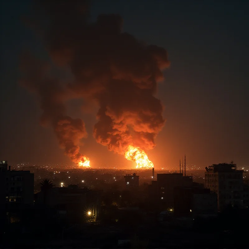 A night scene depicting explosions in the distance, likely from an airstrike in southern Syria.