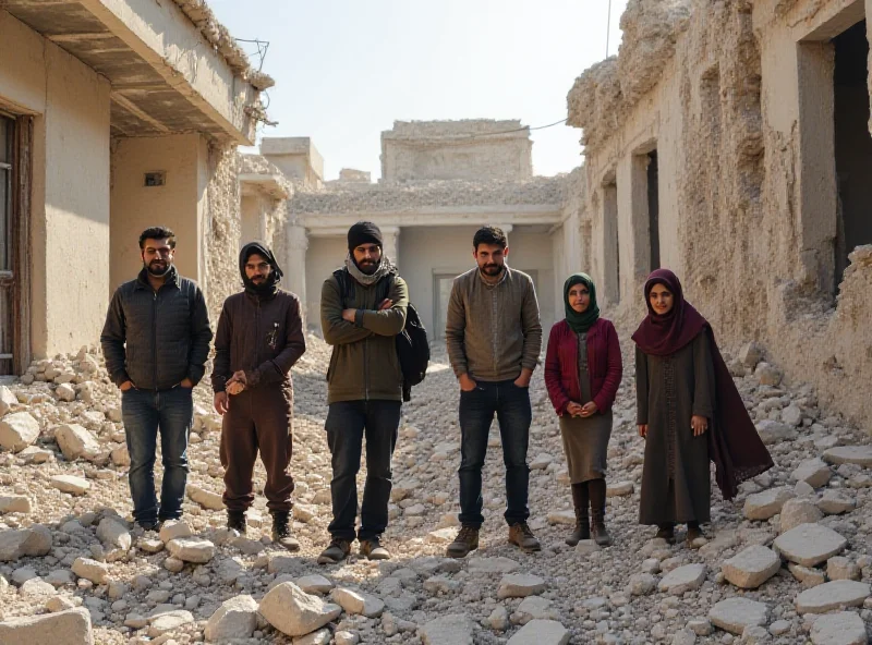 A Syrian family looking distressed in their damaged home.