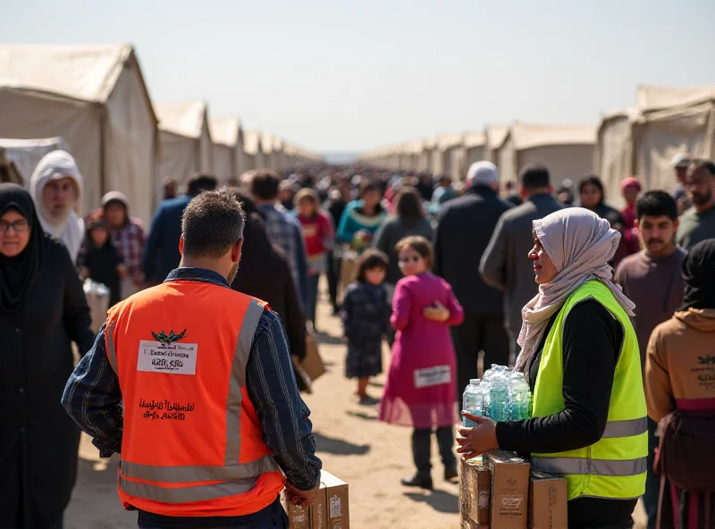 Volunteers distributing food and supplies in a refugee camp.