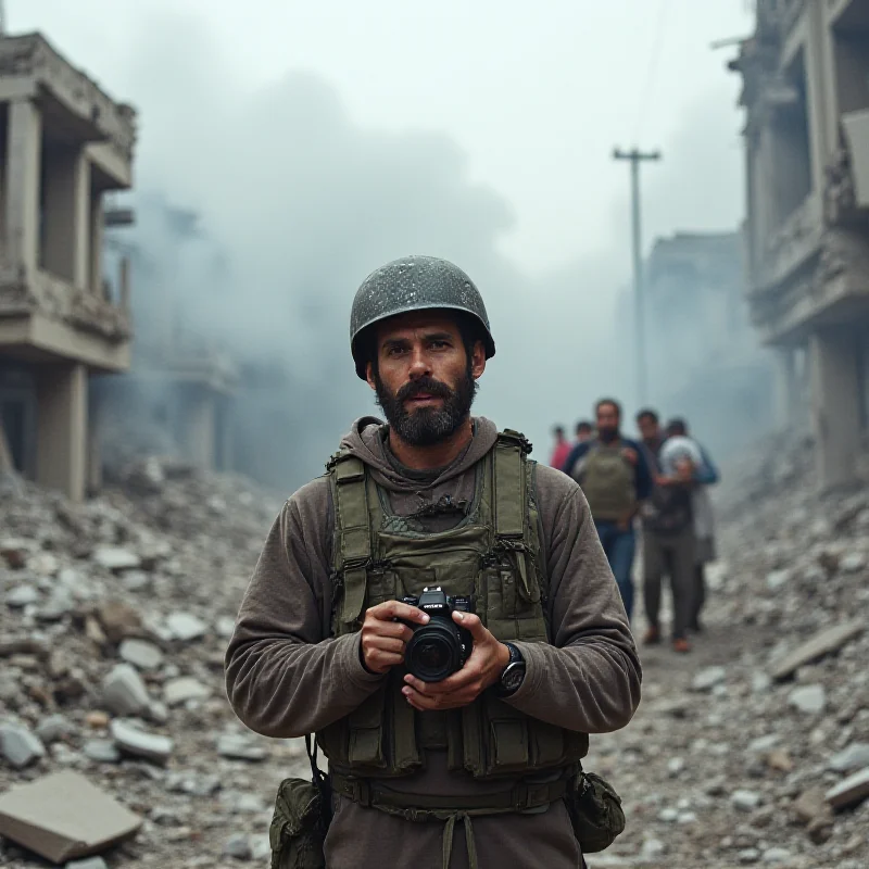 A photojournalist holding up his camera, capturing images in a war-torn city.