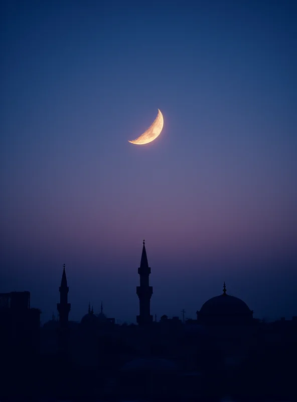 A golden crescent moon against a twilight sky in Damascus.