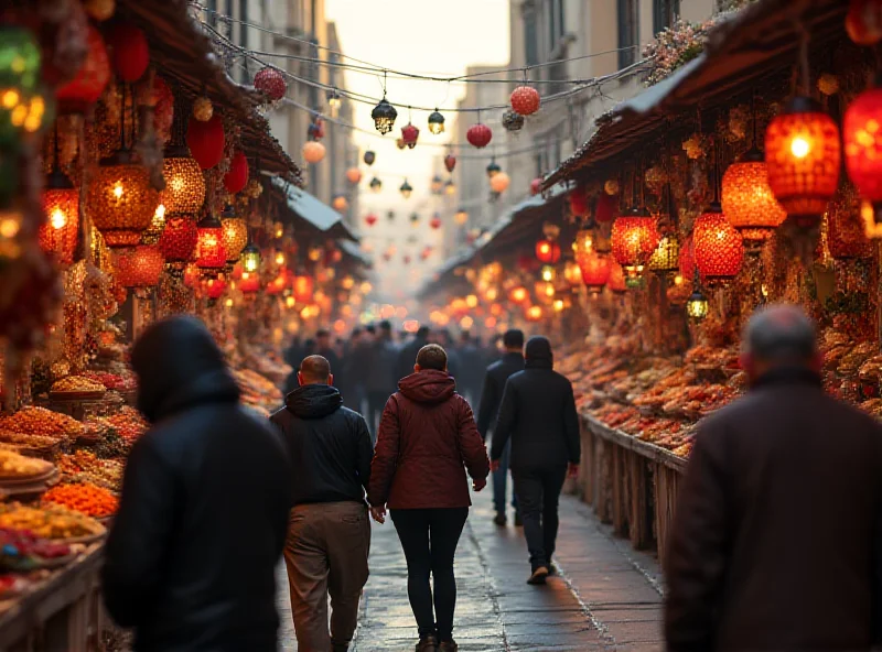 A bustling street scene in Syria during Ramadan, with vendors selling food and decorations. People are seen walking and interacting with each other, creating a vibrant atmosphere.