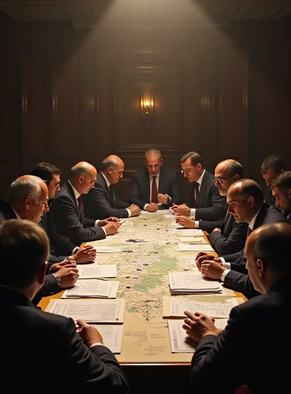 A group of Turkish and Kurdish representatives sitting at a table, engaged in a peace negotiation. The atmosphere is tense but hopeful, with documents and maps spread out on the table.