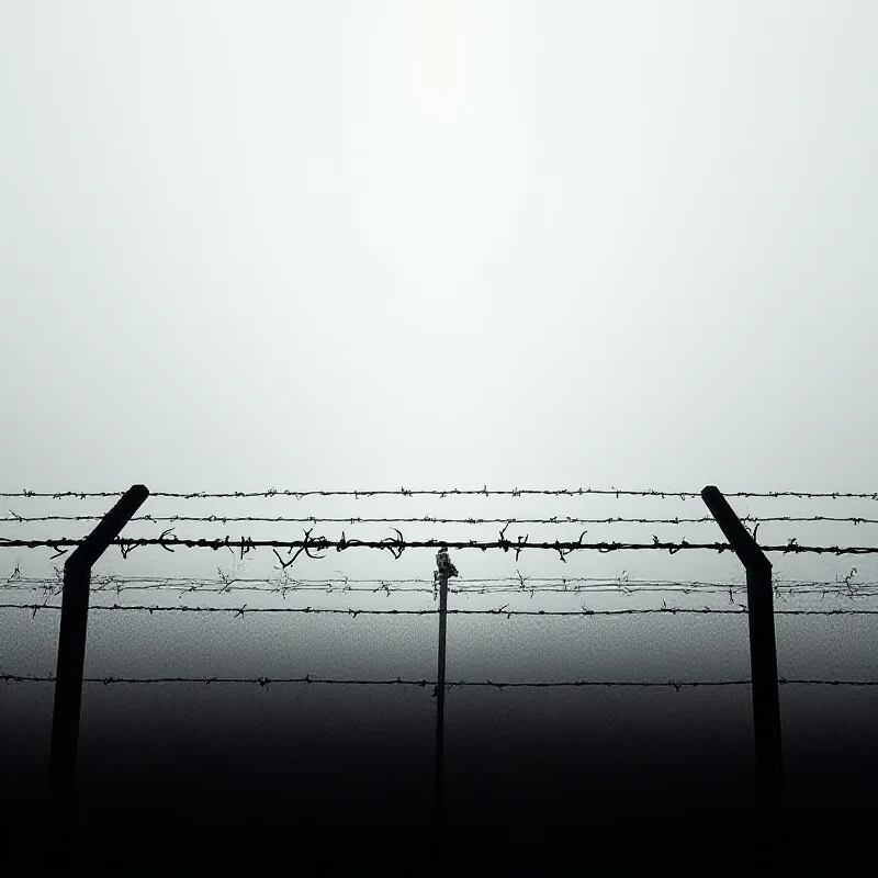 A silhouette of a barbed wire fence against a stark, grey sky. The image evokes a sense of confinement and despair, symbolizing the plight of detainees.