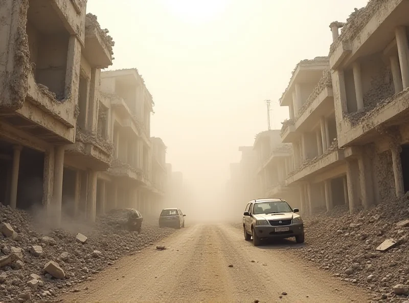 Image depicting the aftermath of an explosion in a war-torn city, with smoke rising and debris scattered around.