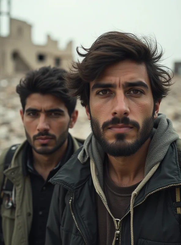 Image of two young adults, Salah and Turkieh, standing in front of a war-torn building in Syria, looking both hopeful and apprehensive.