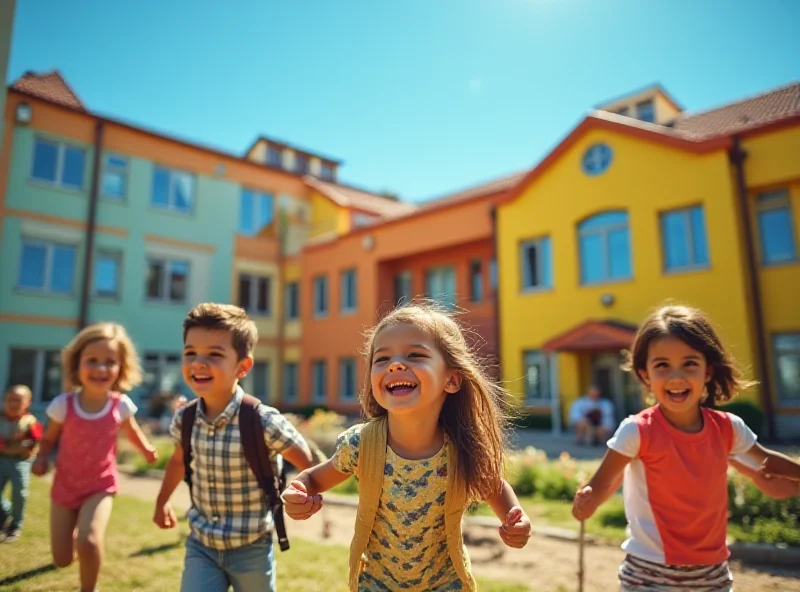 A modern, bright, and colorful primary school building with children playing in the schoolyard.