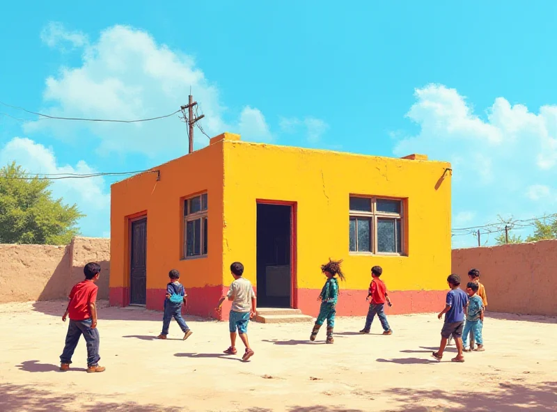 A brightly colored school building in a rural Syrian village, children playing in the schoolyard, clear blue sky.