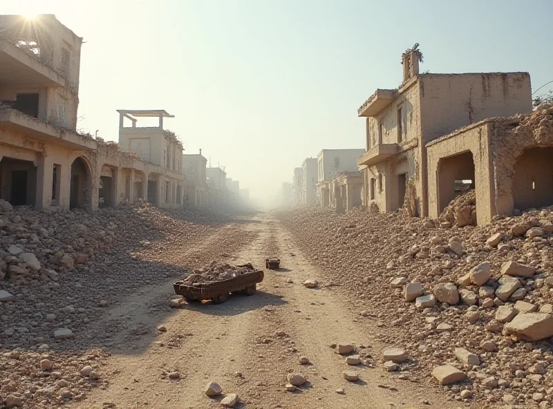 A desolate landscape in Syria, showing the aftermath of an explosion. Rubble and damaged buildings are visible, with a focus on the potential dangers of unexploded ordnance.