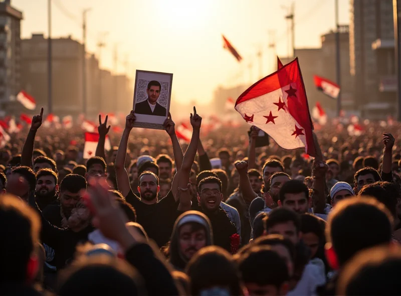 A large crowd of people in a Syrian city holding up posters and flags in support of the Syrian Army and government. The atmosphere is energetic and patriotic.