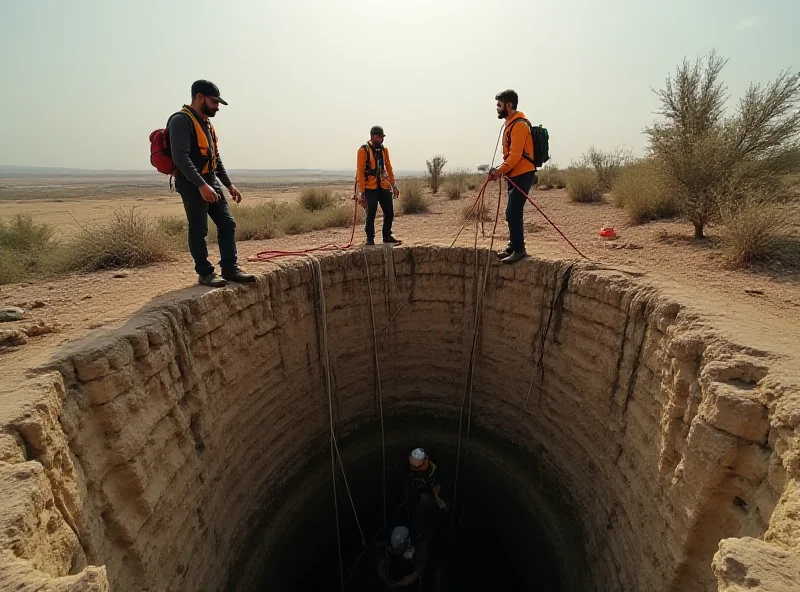 Syrian Civil Defense team working to rescue a woman from a well. The scene is dusty and shows the well and rescue equipment.