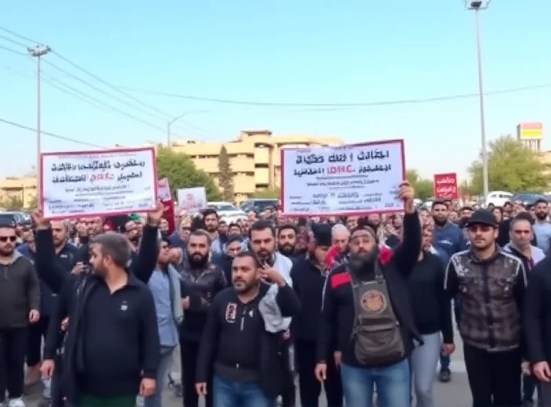 A protest in southern Syria with people holding signs and banners expressing their disagreement with Israeli policies. The atmosphere is tense but determined.