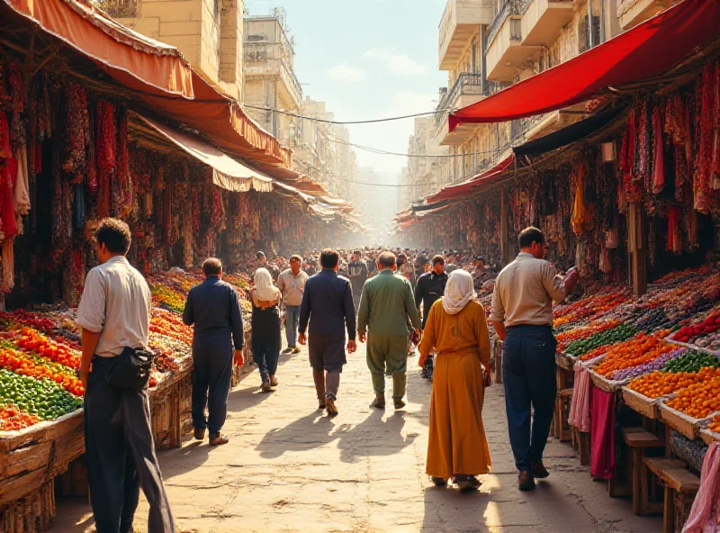 A bustling market scene in Damascus with vendors and shoppers haggling over prices.