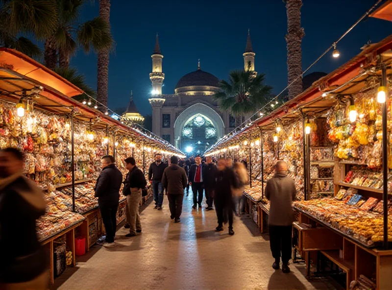 A wide shot of the Ramadan Al-Khair Market Exhibition in Damascus, showing various stalls and attendees browsing the goods on display.