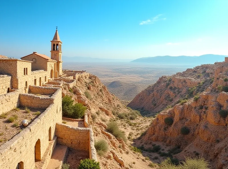 A panoramic view of a traditional Syrian town nestled in a valley, with ancient stone buildings and a church steeple rising above the rooftops. The landscape is arid and mountainous, with terraced fields visible in the foreground.