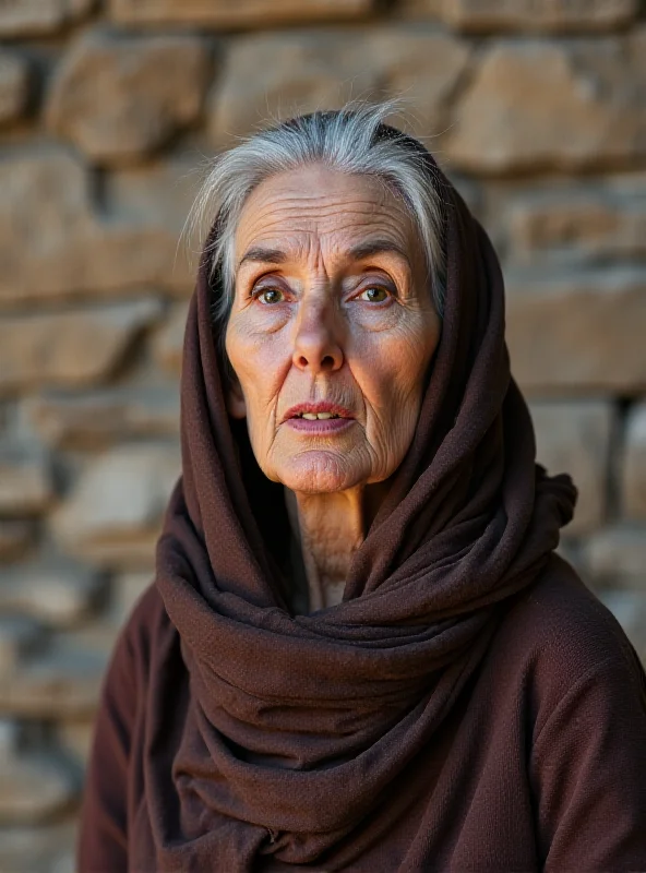 A close-up shot of an elderly Syrian woman with kind eyes, speaking Aramaic. She is wearing traditional clothing and standing in front of a stone wall. The focus is on her face and her expressive gestures as she speaks.