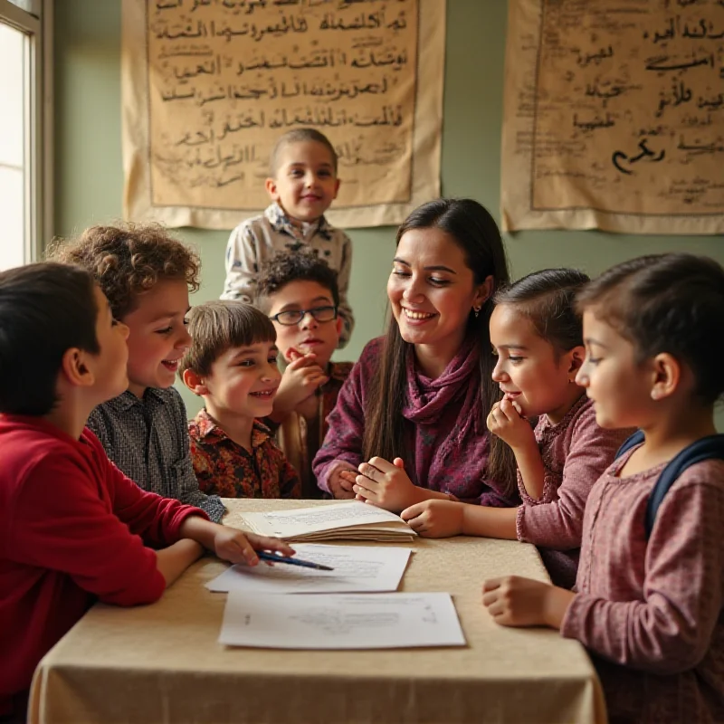 A group of children in a Syrian town learning Aramaic from a teacher in a classroom. The children are smiling and engaged, and the classroom is decorated with traditional artifacts and Aramaic script.