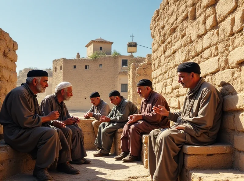 A group of people speaking Aramaic in a Syrian town.