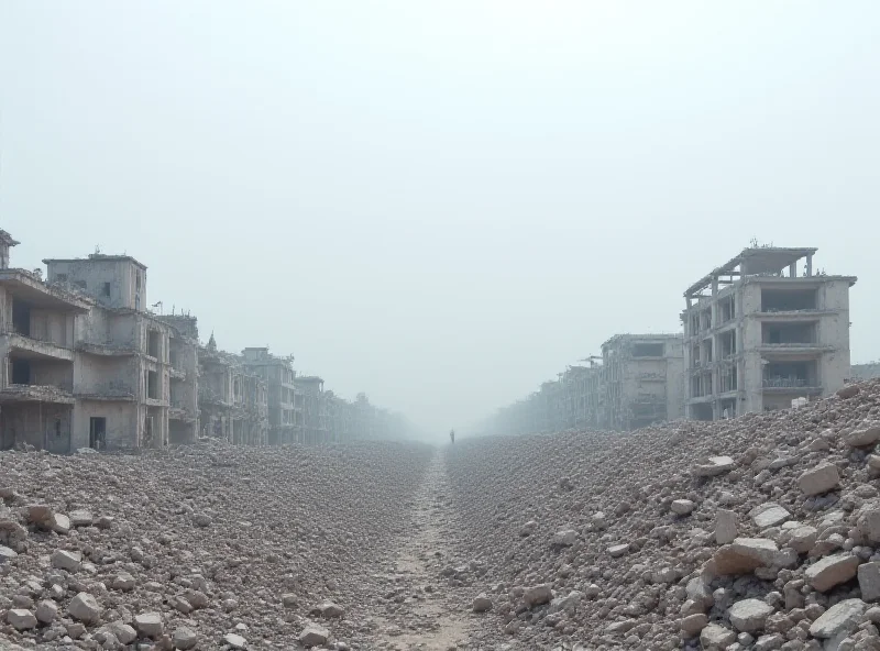 A cityscape in ruins with a European Union flag faded in the background.