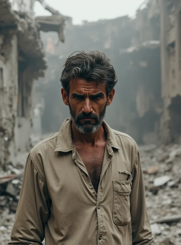 A man standing in the rubble of a destroyed building, looking despondent.