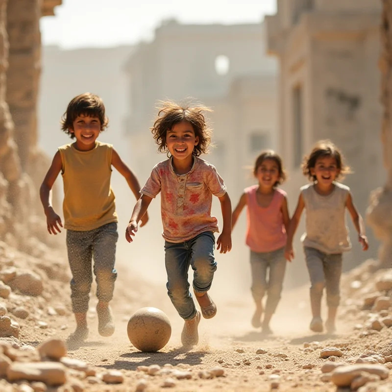 A group of Syrian children playing amidst the ruins of a building, showing resilience and hope.