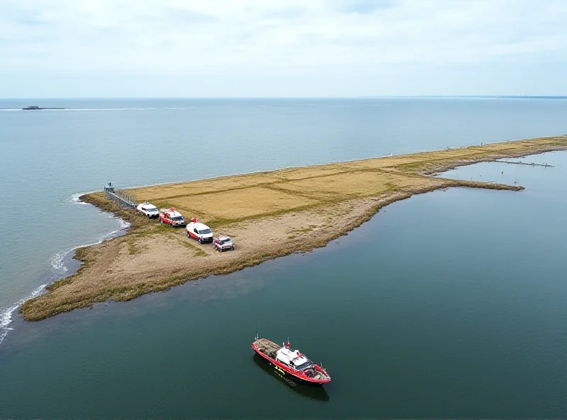 Aerial view of Grabowski Island in Port Szczecin, Poland, with emergency vehicles visible on the shore.