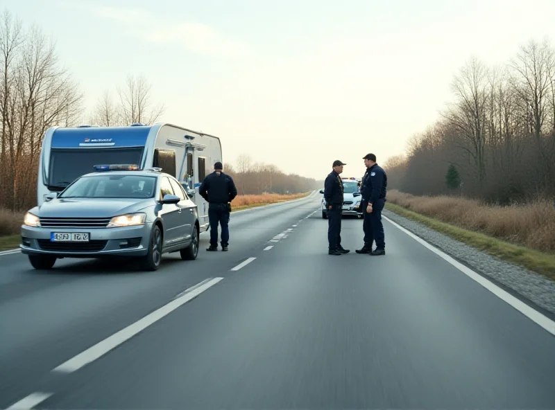 Police car stopping a caravan on a highway in Poland during daylight.