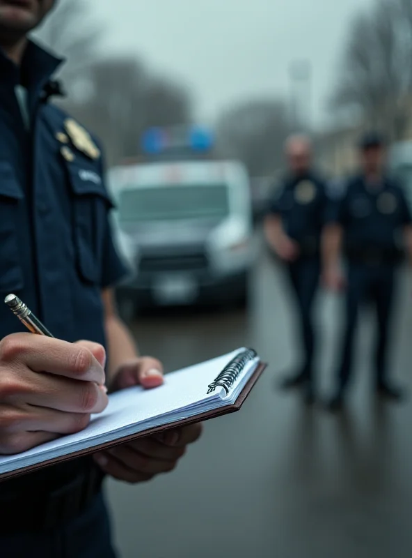 Close-up of a police officer's hand writing on a notepad, with a caravan in the background.