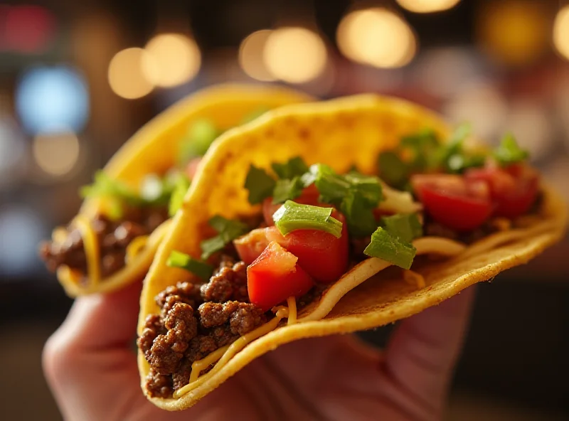 Close-up shot of a freshly prepared Taco Bell taco with vibrant ingredients, placed on a rustic wooden table.