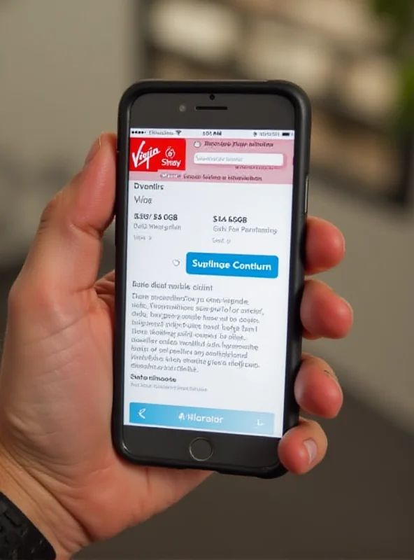 A person holding a smartphone displaying the Virgin Plus website with the $39/60GB plan advertised. The background is blurred, focusing attention on the phone screen.