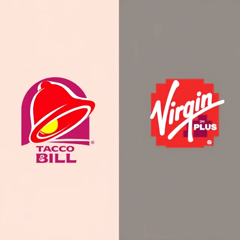 A split screen image. On one side, a Taco Bell logo is displayed. On the other side, a Virgin Plus logo is shown. Both logos are brightly lit and easily recognizable.