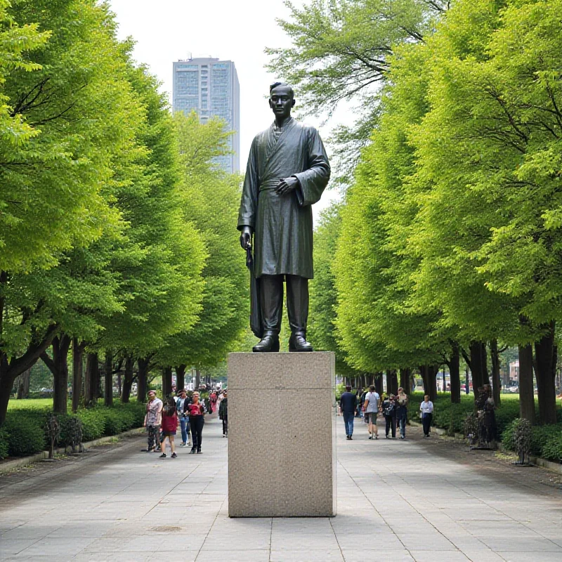 A bronze statue of a historical figure stands in a park in Taipei, Taiwan. The statue is surrounded by trees and greenery, and there are people walking in the background.