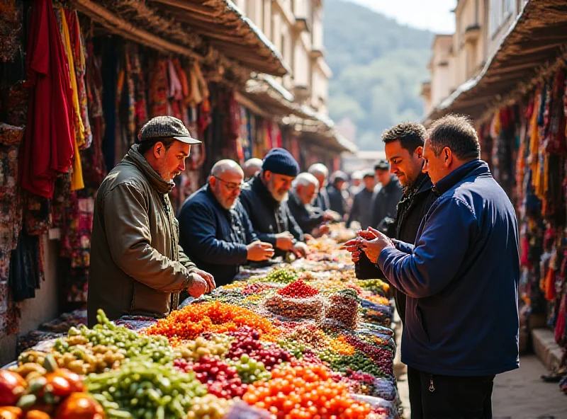 A bustling marketplace in Tajikistan, showcasing the variety of goods traded between local merchants. The scene is vibrant with activity, reflecting the growing trade relations with neighboring countries.