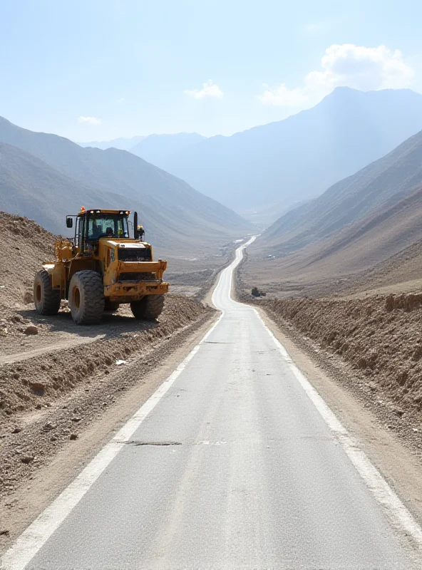 Modern highway construction in Tajikistan, funded by South Korean investment. Heavy machinery is visible, as well as workers in hard hats. The background shows a mountainous landscape.