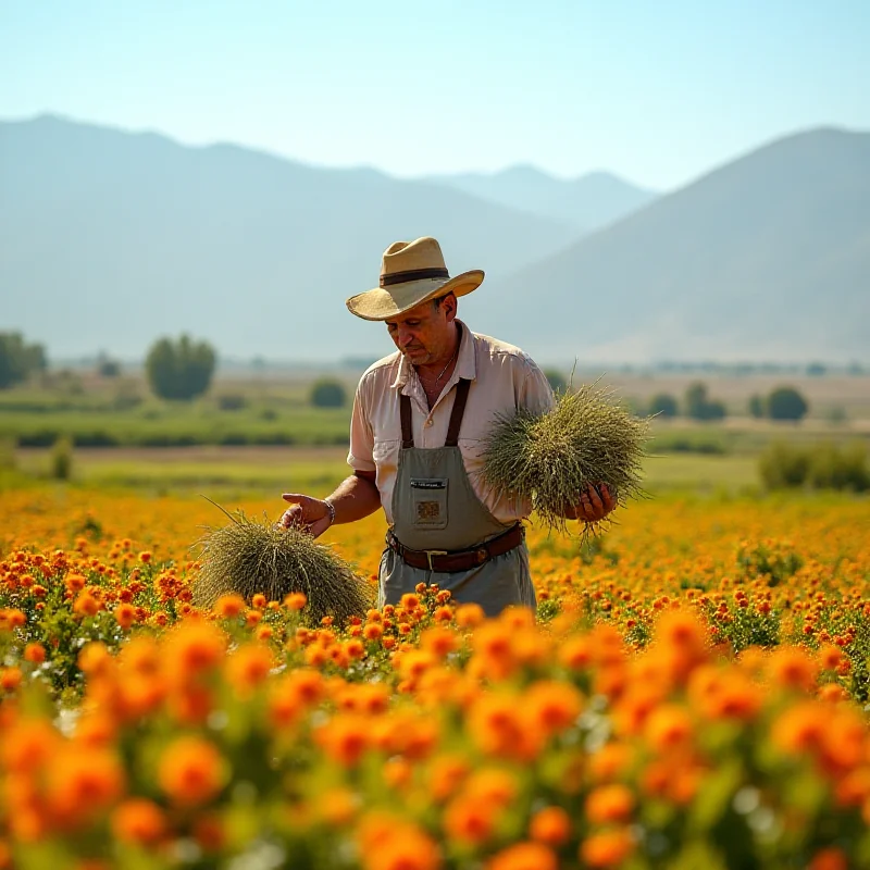 A farmer in Tajikistan harvesting produce in a field. The image showcases the agricultural sector and its potential for increased trade with Russia. The scene is sunny and depicts a rural landscape.