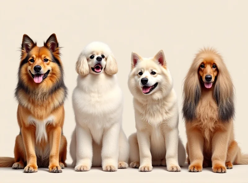 Collage of various dog breeds - Akita, Afghan Hound, Poodle, and Puli.