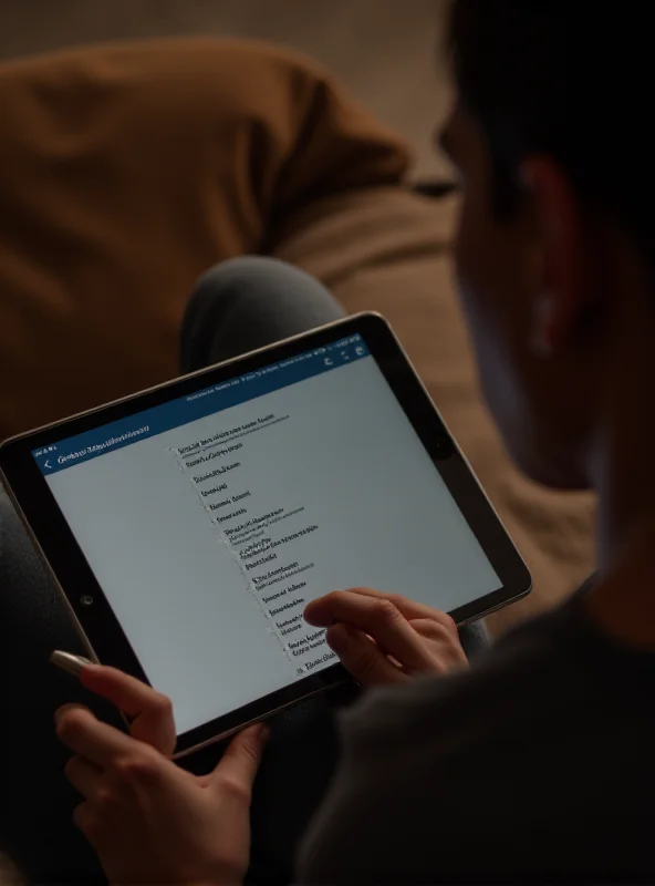 A person thoughtfully considering a list of baby names on a tablet.