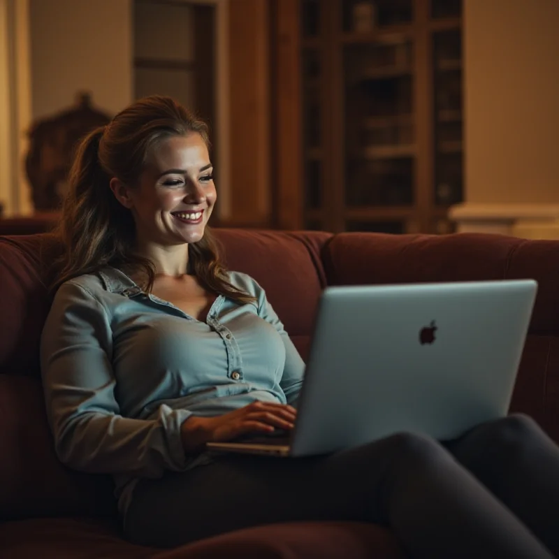 A person relaxing on a couch, happily taking a quiz on a laptop.