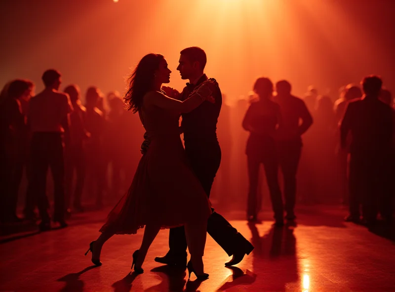 Tango dancers passionately performing on a stage in front of a crowd.