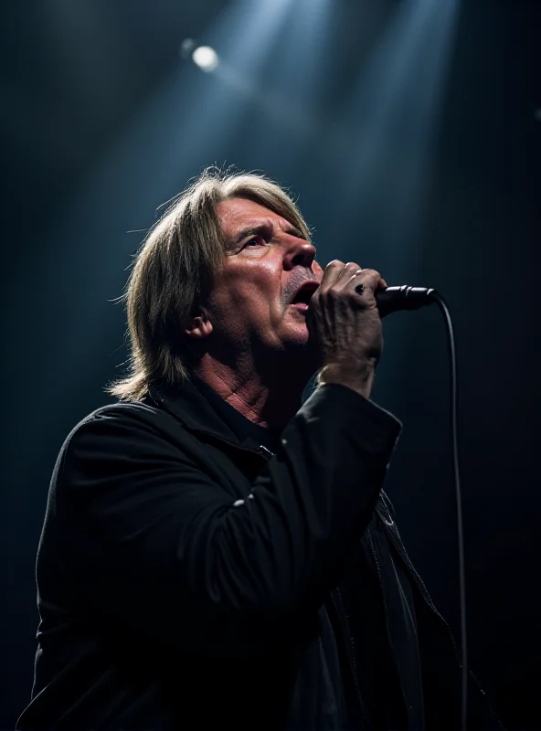 Roger Waters performing on stage with a microphone, looking serious and intense.