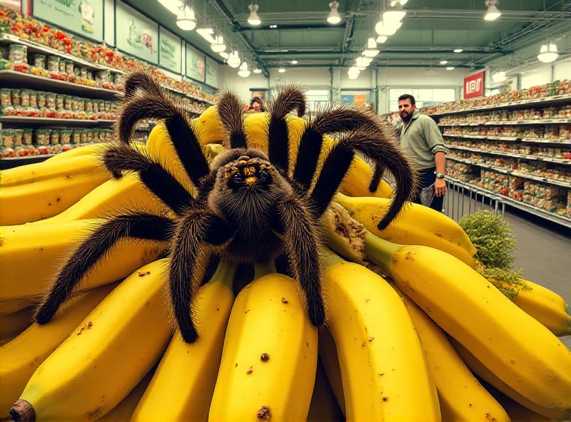 Illustration of a tarantula emerging from a bunch of bananas in a Waitrose supermarket.