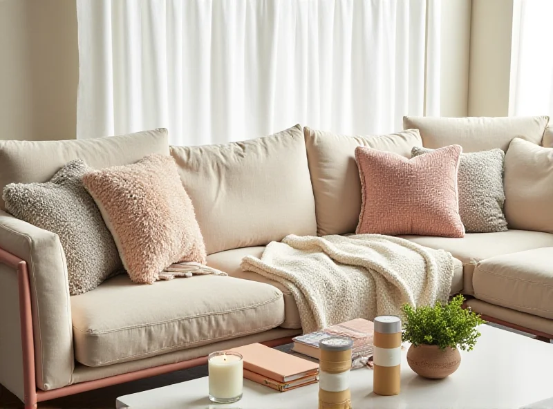 A brightly lit living room featuring Target brand throw pillows, a cozy blanket, and stylish decorative items on a coffee table.