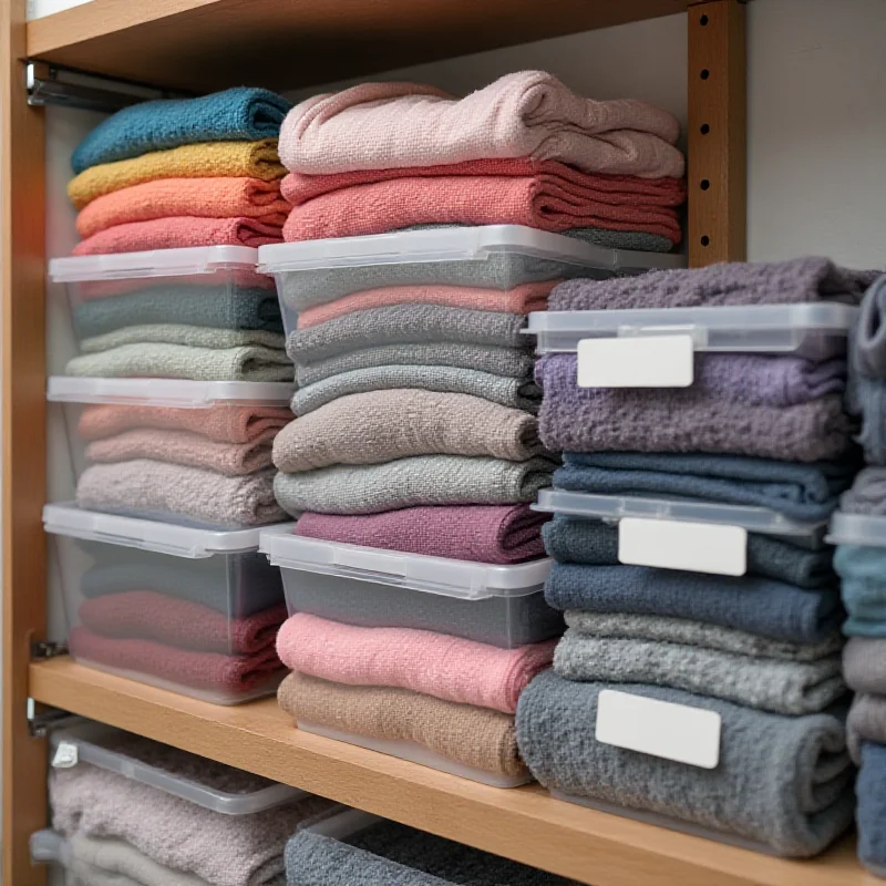 A set of clear plastic storage bins filled with neatly folded clothes, showcasing an organized closet with Target's organizational products.