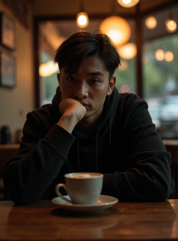 A person sitting alone at a table in a cafe, looking thoughtful with a cup of coffee in front of them, soft lighting, and a slightly blurred background.