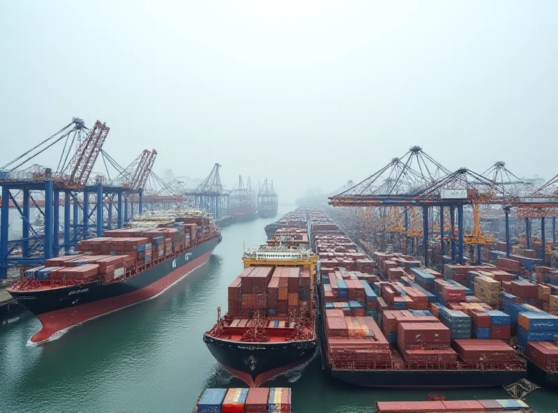 A busy shipping port with containers stacked high, representing international trade and the impact of tariffs.